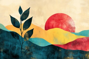 Sticker - Abstract Landscape With Sun and Leaf Silhouette