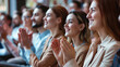 © Technical786 - Applauding people. Happy satisfied audience joyfully applauding during business conference or seminar. Side view portrait of smiling men and women clapping their hands. Panoramic web banner