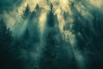 Poster - Mystic Sunlight in Foggy Forest