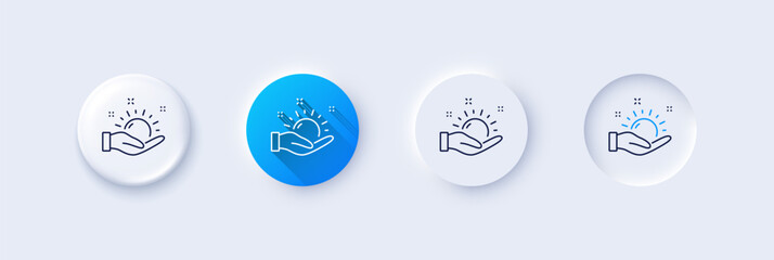 Poster - Sunny weather forecast line icon. Neumorphic, Blue gradient, 3d pin buttons. Hold summer sun sign. Line icons. Neumorphic buttons with outline signs. Vector