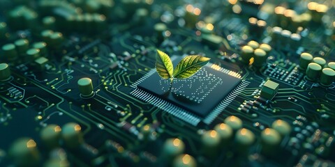 Poster - A computer chip symbolizing new life blending technology with nature. Concept Technology in Nature, Nature-Inspired Tech, Life and Technology, New Beginnings