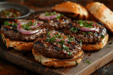 Wall Mural - Gourmet Grilled Burgers with Onions and Herbs