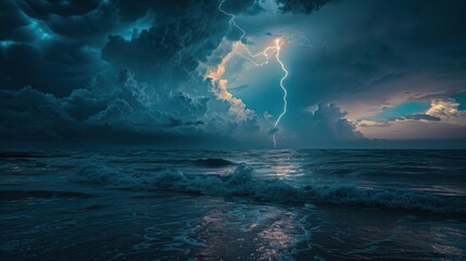 Wall Mural - A lightning bolt in the sky over a body of water