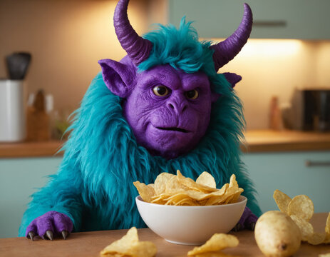 Angry Purple and Teal Monster with Potato Chips in a Modern Kitchen