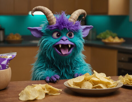 Adorable Purple and Blue Monster Eating Potato Chips in a Kitchen