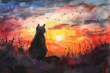 Wall Mural - Watercolor Cat Watching Sunset