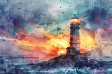 Wall Mural - Lighthouse at Dawn with Watercolor Effect