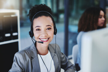 Poster - Woman, headset and call center in office, portrait and customer service for conversation and online support. CRM, telemarketing and consultant for career, operator and female person for hotline agent