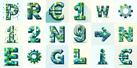 Green color geometric tiling Lettering Typeface. AI generated illustration