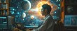 © BoOm - Man working on a computer with a background of planets and stars, depicting space exploration and futuristic technology.