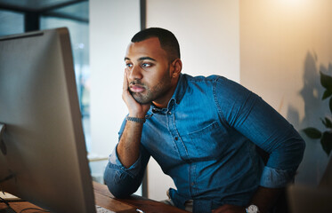 Aufkleber - Businessman, bored and tired with desktop in office, problem solving and solution with decision at night. Working late, web designer and computer for programme, website layout and fatigue of employee