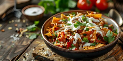 Wall Mural - Mexican chilaquiles dish with copy space closeup shot Mexican cuisine concept. Concept Mexican Cuisine, Chilaquiles Dish, Closeup Shot, Copy Space, Food Photography