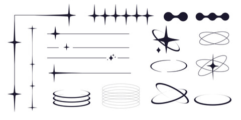 Wall Mural - set of y2k minimal geometric shapes thin line rings, abstract aesthetic element illustrated for bann