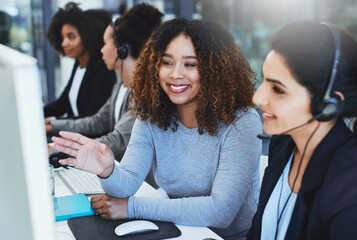 Wall Mural - Women, office and coaching in call center for telemarketing, consulting and professionalism for crm job. Mentor, girl and training agent for inbound customer support, communication and conversation.