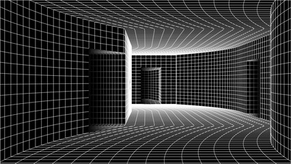 Poster - Abstract y2k styled computer background. Sci-fi architecture interior with retro lines. 00s or retrowave, grid room