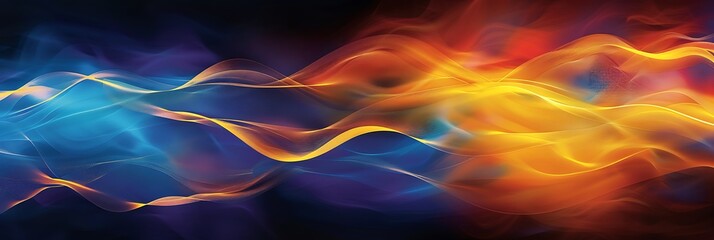 Wall Mural - Abstract background featuring a flow of yellow, blue, and red colors in a grainy wave pattern on a dark noise texture backdrop. Ideal for cover designs, headers, or wallpaper.
