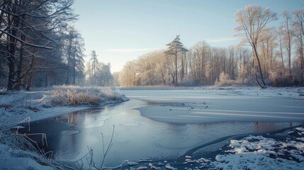 Wall Mural - cold river in winter landscape with forest