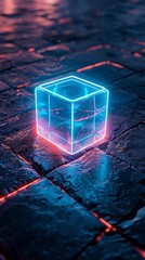 Wall Mural - Neon glowing cube on wet cobblestone pavement in night city, futuristic light concept