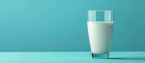 Wall Mural - White Milk in a Glass on Blue Background, Close up Shot. Concept of Dairy Product with Space for Text.