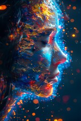 Abstract artistic portrait of a woman with closed eyes, covered in vibrant multicolored paint, surrounded by glowing bokeh lights on a dark backgroundabstract