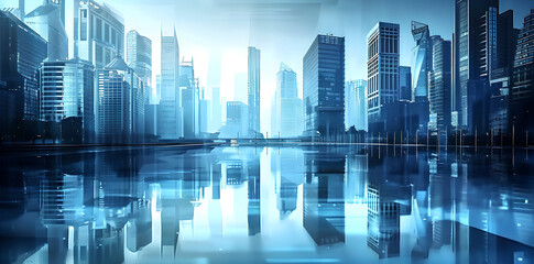 Sleek and modern cityscape with towering skyscrapers and glass buildings reflecting the blue sky