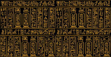 Golden ancient egyptian hieroglyphs alphabet pattern over black background. Ancient egyptian and ancient culture concept