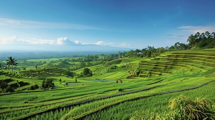 Wall Mural - Amazing landscape with green rice terraces and blue sky in Bali, Indonesia.