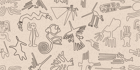 amazing world famous peruvian ancient indigenous nazca brown lines seamless pattern over worn out background