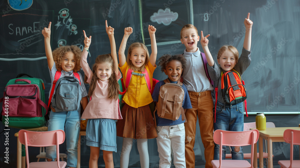 Group of elementary school children posing in front of blackboard ...