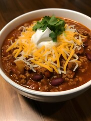 Wall Mural - Traditional Mexican Chili Con Carne, featuring hearty minced meat and tender red beans simmered in a rich, flavorful sauce.