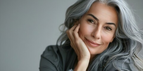 Poster - Mature woman with smooth skin gray hair smiling touching face Beauty advertisement. Concept Beauty Advertisement, Mature Women, Smooth Skin, Gray Hair, Smiling, Skincare Products