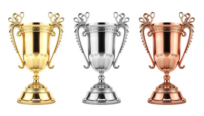 Golden, silver and bronze trophy cups with handles isolated on transparent background, PNG with transparent background