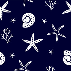 Wall Mural - Hand drawn sea shells, stars on deep blue background. Summer beach seaside print.