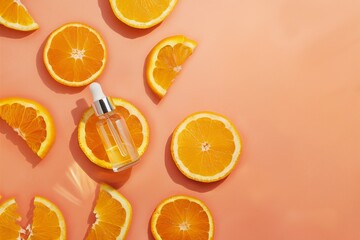 Wall Mural - Vitamin c serum extract with sliced orange top view. Natural skin care cosmetics.
