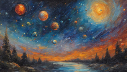 Wall Mural - An oil painting depicting the view of the cosmic starry sky as seen from the ground.