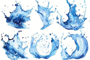 Poster - A set of blue water splashes on a white background, ideal for use in designs related to water, beach, or aquatic themes