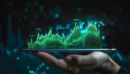 Poster - A digital artwork of an elegant hand holding out a tablet with the stock market graph, glowing green on dark blue background, representing growth and financial success