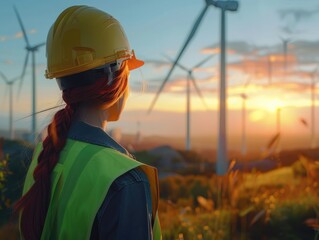 Woman with windmill renewable technology wind farm electricity worker people turbine engineer energy