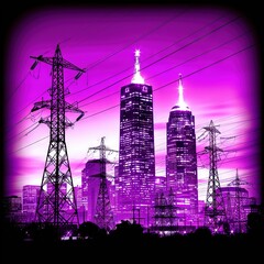 Canvas Print -   A photo of a city skyline with power lines in front and tall buildings behind, in shades of purple