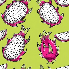 Sticker -   Dragon Fruit Drawing on Green Background with Other Fruits