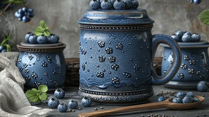 Wall Mural -  a painting of blueberries perched atop a table beside a jar of blueberries and a spoon