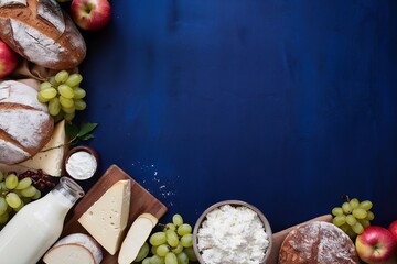 Wall Mural - Jewish holiday Shavuot symbols on blue background. Flat lay, top view dairy products, milk bottle, bread, fruits, wheat.