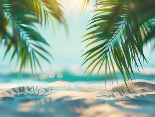 Landscape seascape summer vacation holiday travel tropical ocean sea background panorama - Close up of palm tree leaves on the sand beach, illuminated by the sun