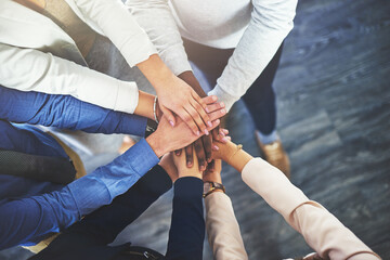 Aufkleber - Employees, office and pile of hands for support with smile for growth or deal, teamwork and collaboration. People, business and unity for group achievement with commitment and team building.