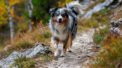 Sticker -   A dog strolls along a dirt trail surrounded by green grass, jagged stones, and towering trees in the backdrop