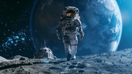 Wall Mural - an astronaut steps onto an uncharted planet, glancing back at their spaceship with earth as a distan