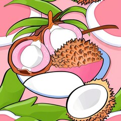 Sticker -  Drawing of Durian Fruit on Pink Background with Green Leaf and White Circle