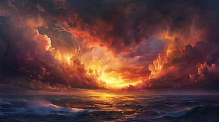 Wall Mural - Twilight sky with dark, stormy clouds hover over the ocean. The setting sun paints the sea in fiery hues.