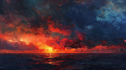 Wall Mural - Twilight sky with dark, stormy clouds hover over the ocean. The setting sun paints the sea in fiery hues.