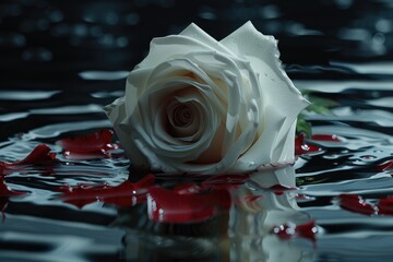 A single white rose sits atop a wet surface, creating a striking visual